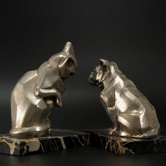 ART DECO I.Rochard Metal Cat and Dog Bookends