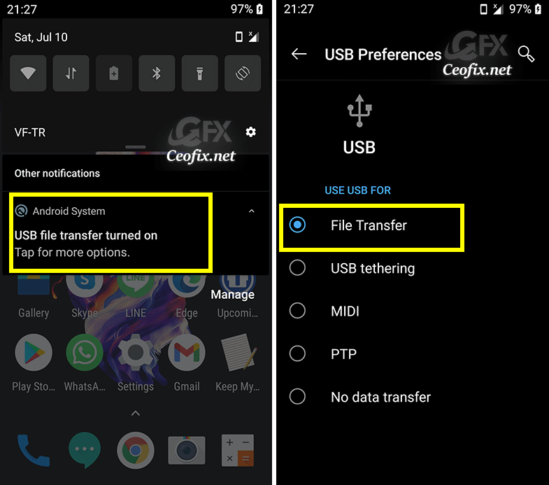 Locate USB Behavior Options And Enable File Transfer Mode