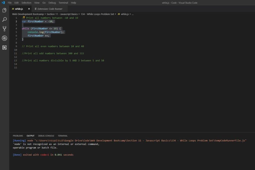 'node' is not recognized as an internal or external command VSCode