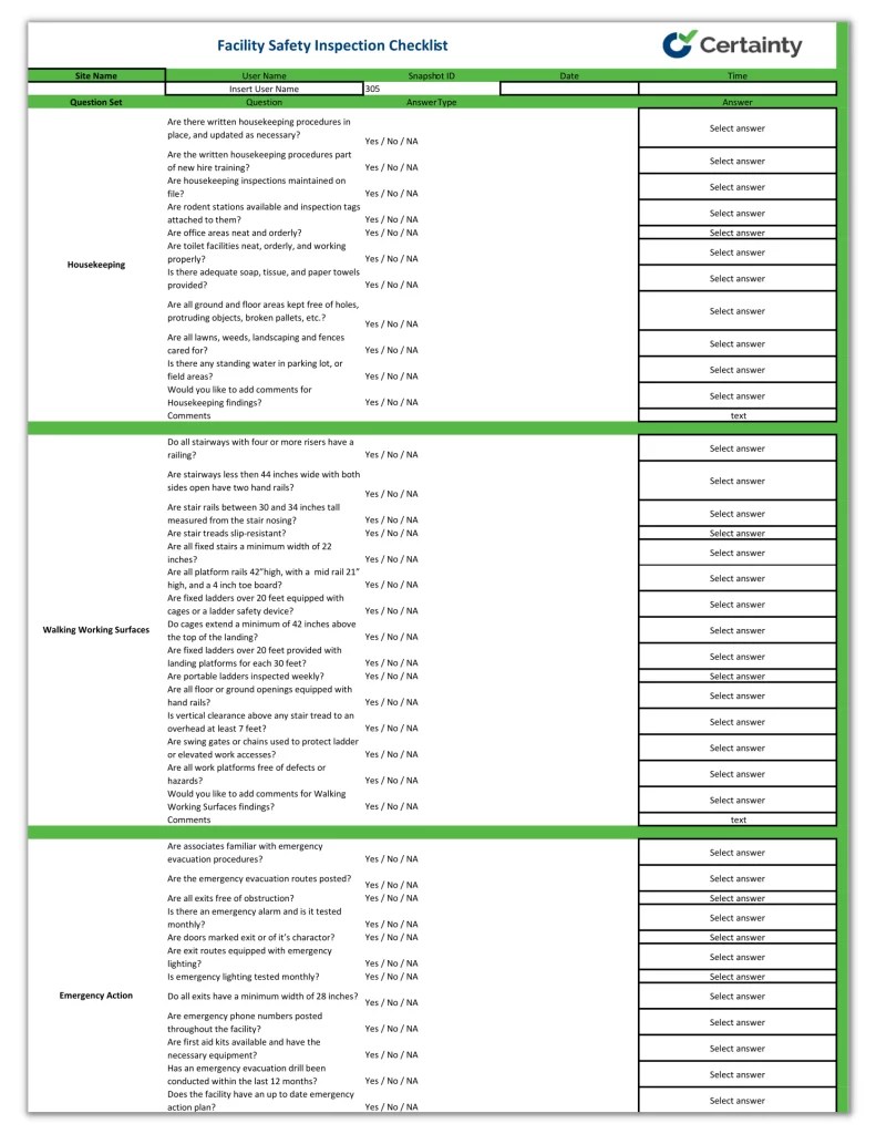 Facility Safety Inspection Checklist Certainty Software