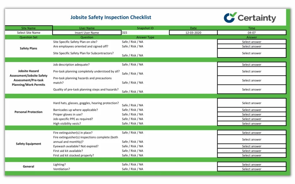 Jobsite Safety Inspection Checklist Certainty Software
