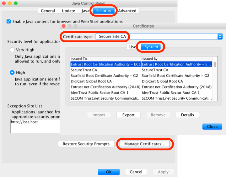 Java Control Panel on Mac Certificates