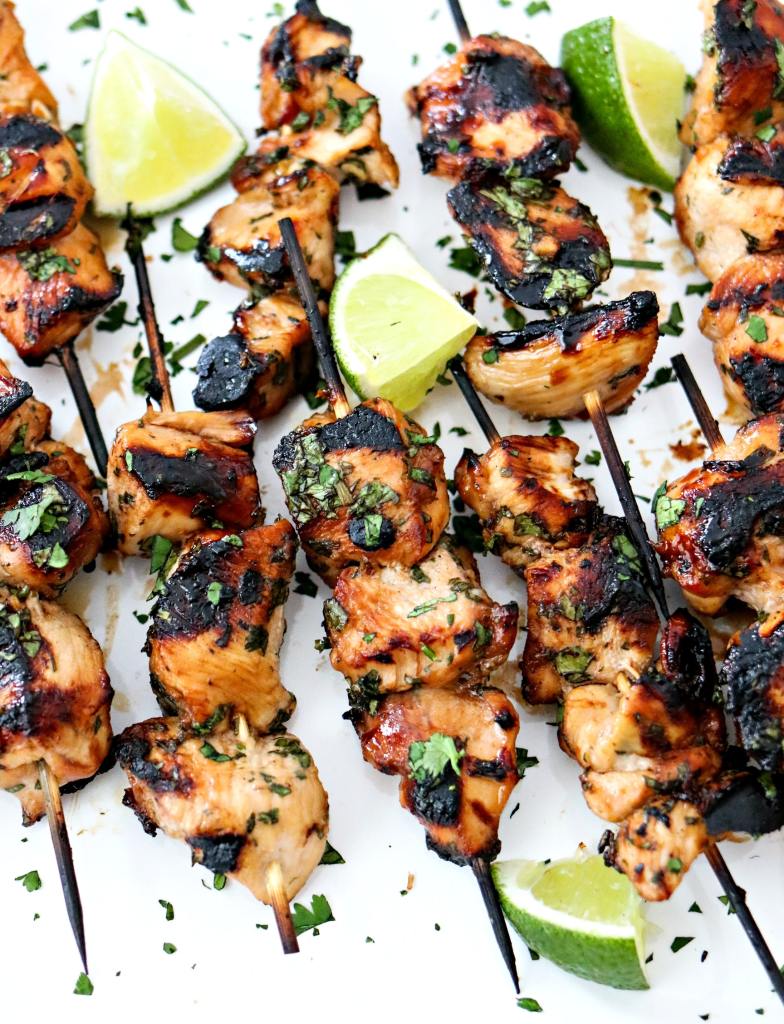 overhead zoomed in shot of Grilled Cilantro Lime Chicken Skewers