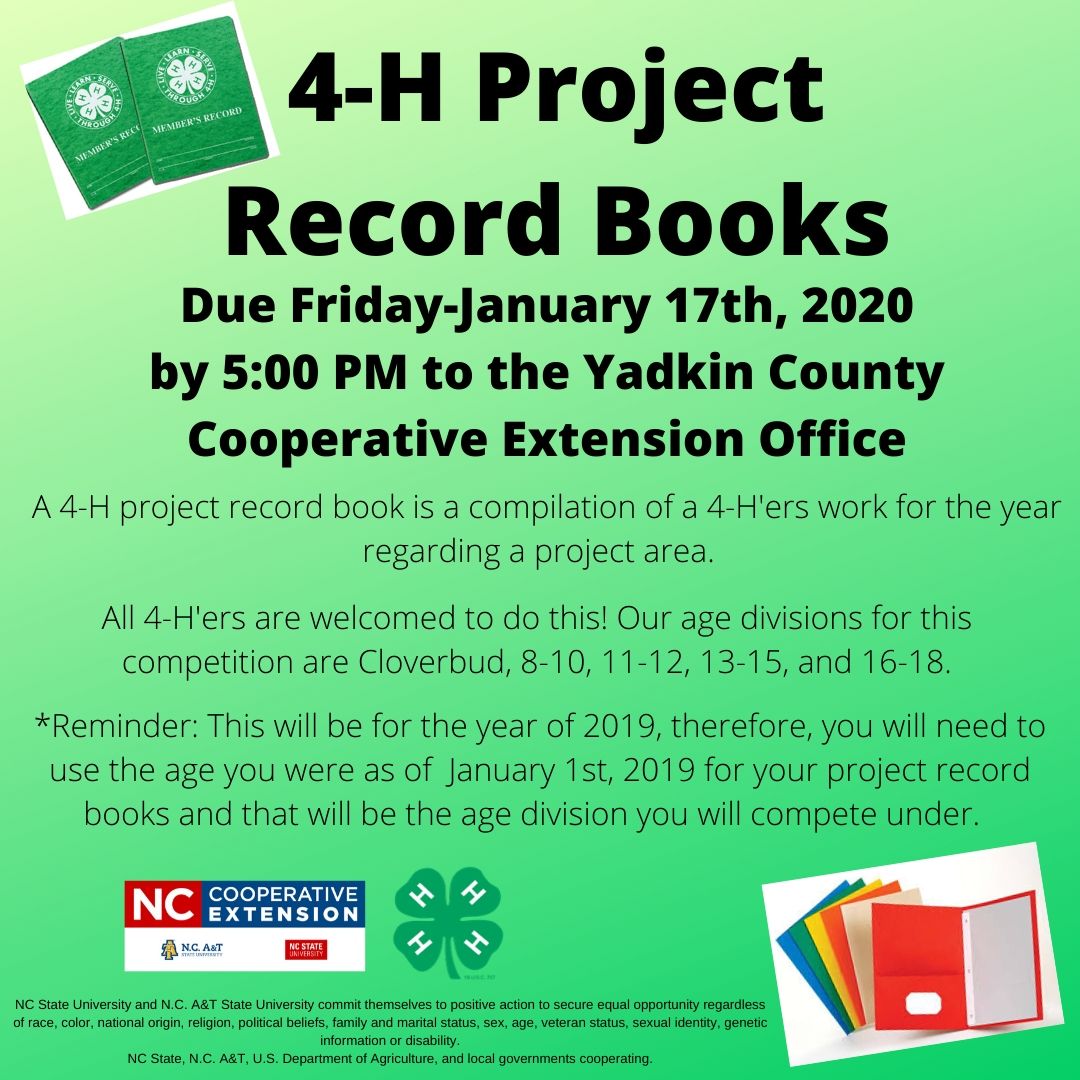4H Project Record Books Are Due January 17, 2020!! North Carolina
