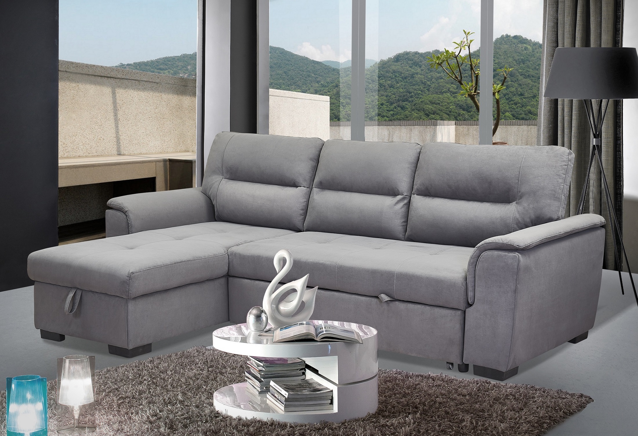 NEBRASKA CORNER SOFA BED VELVET GREY CFD Sofas Ltd