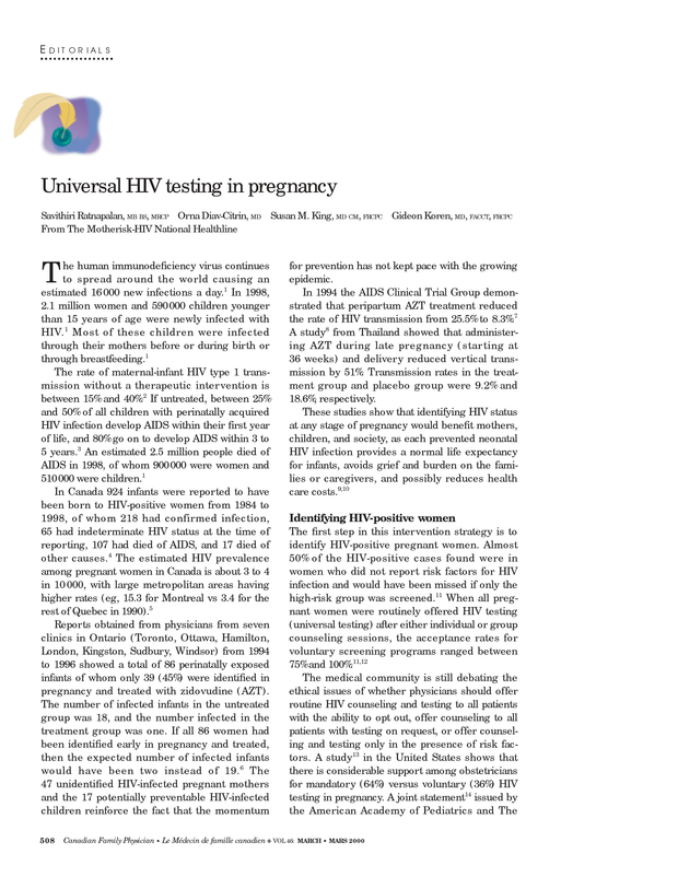 Universal HIV testing in pregnancy. The College of Family Physicians of Canada