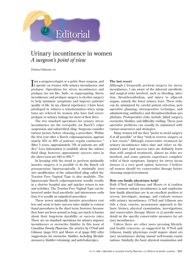 Urinary incontinence in women. A surgeon's point of view. The College