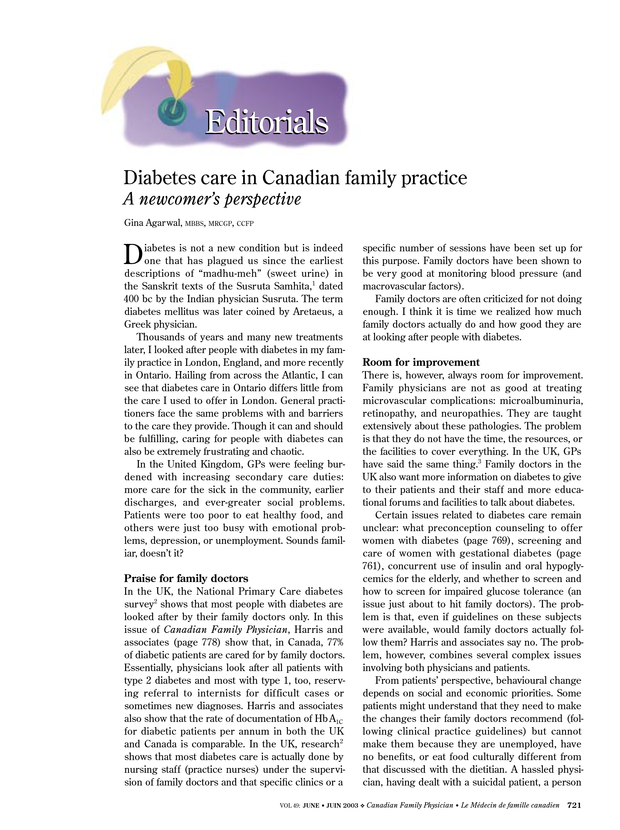 Diabetes care in Canadian family practice. A perspective