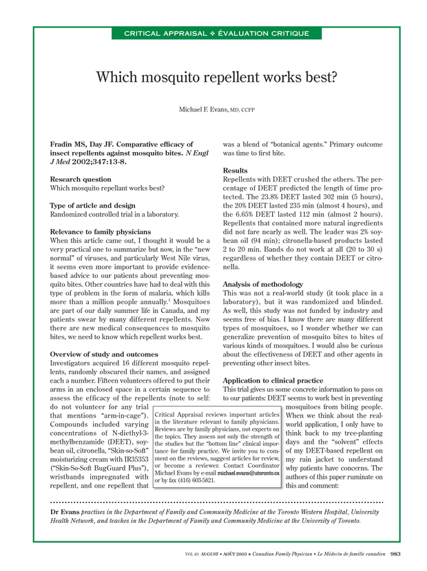 Which mosquito repellent works best? The College of Family Physicians