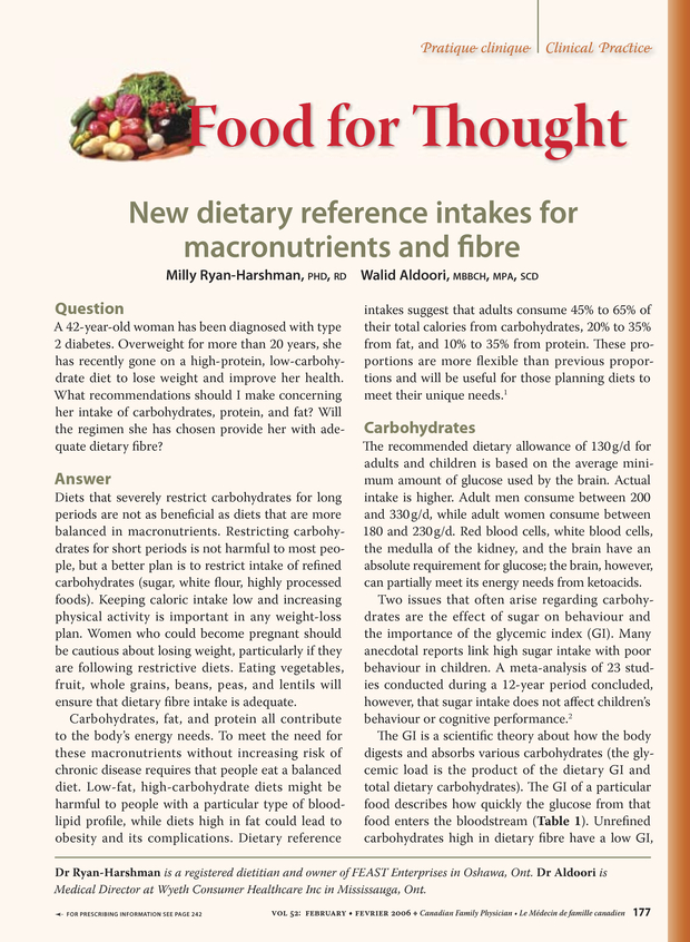 New dietary reference intakes for macronutrients and fibre. The