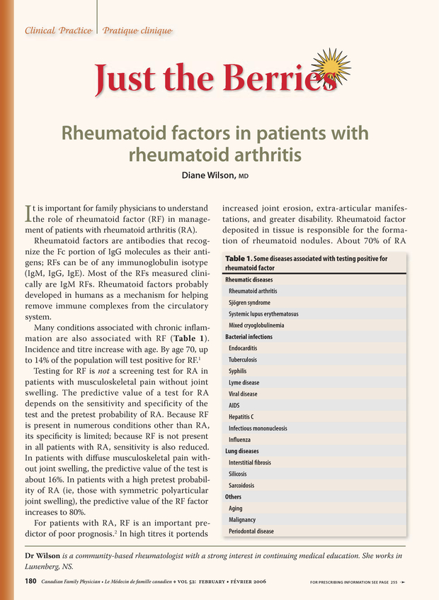 Rheumatoid factors in patients with rheumatoid arthritis. The College of Family Physicians of