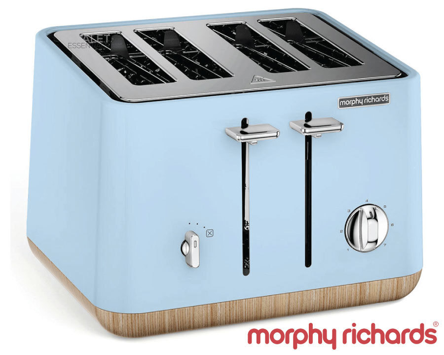 New MORPHY RICHARDS Scandi Aspect BLUE 4 Slice Toaster W/ Wood Trim