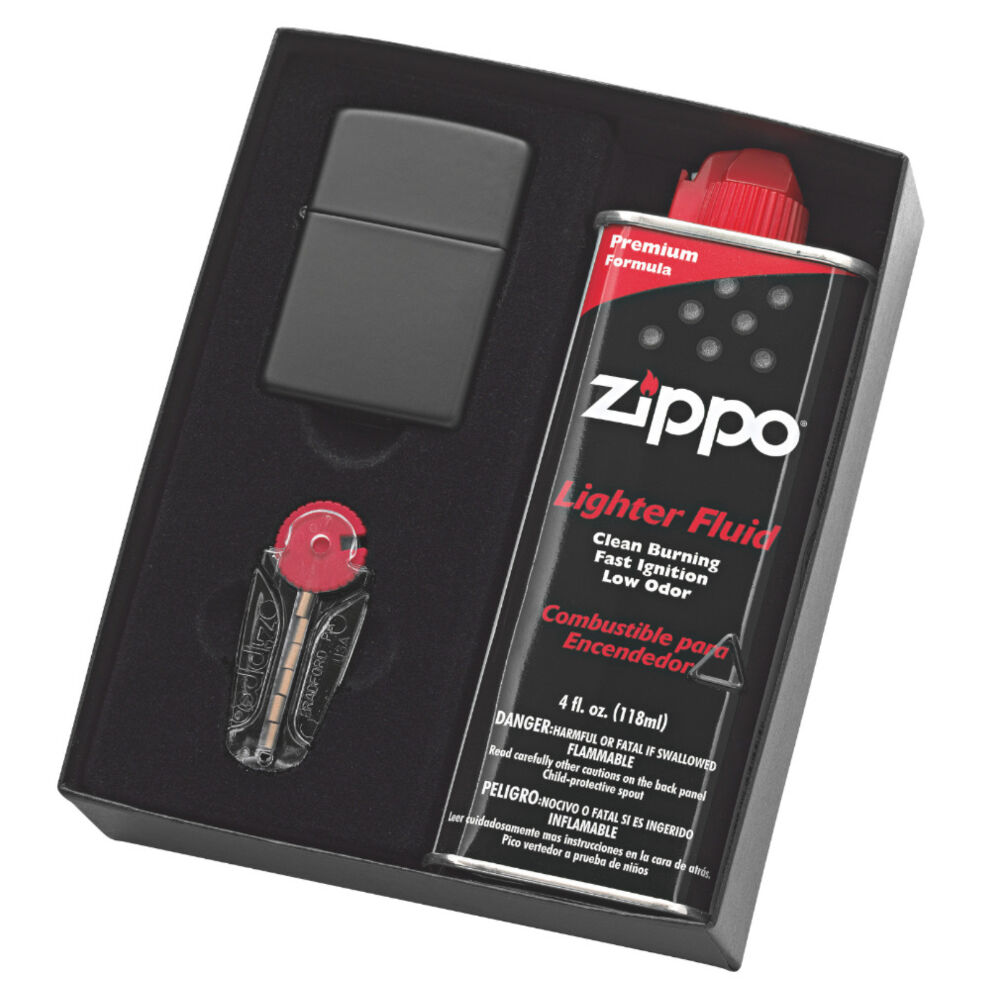 NEW ZIPPO MATTE BLACK LIGHTER GIFT BOX WITH FLUIDS + FLINTS FREE