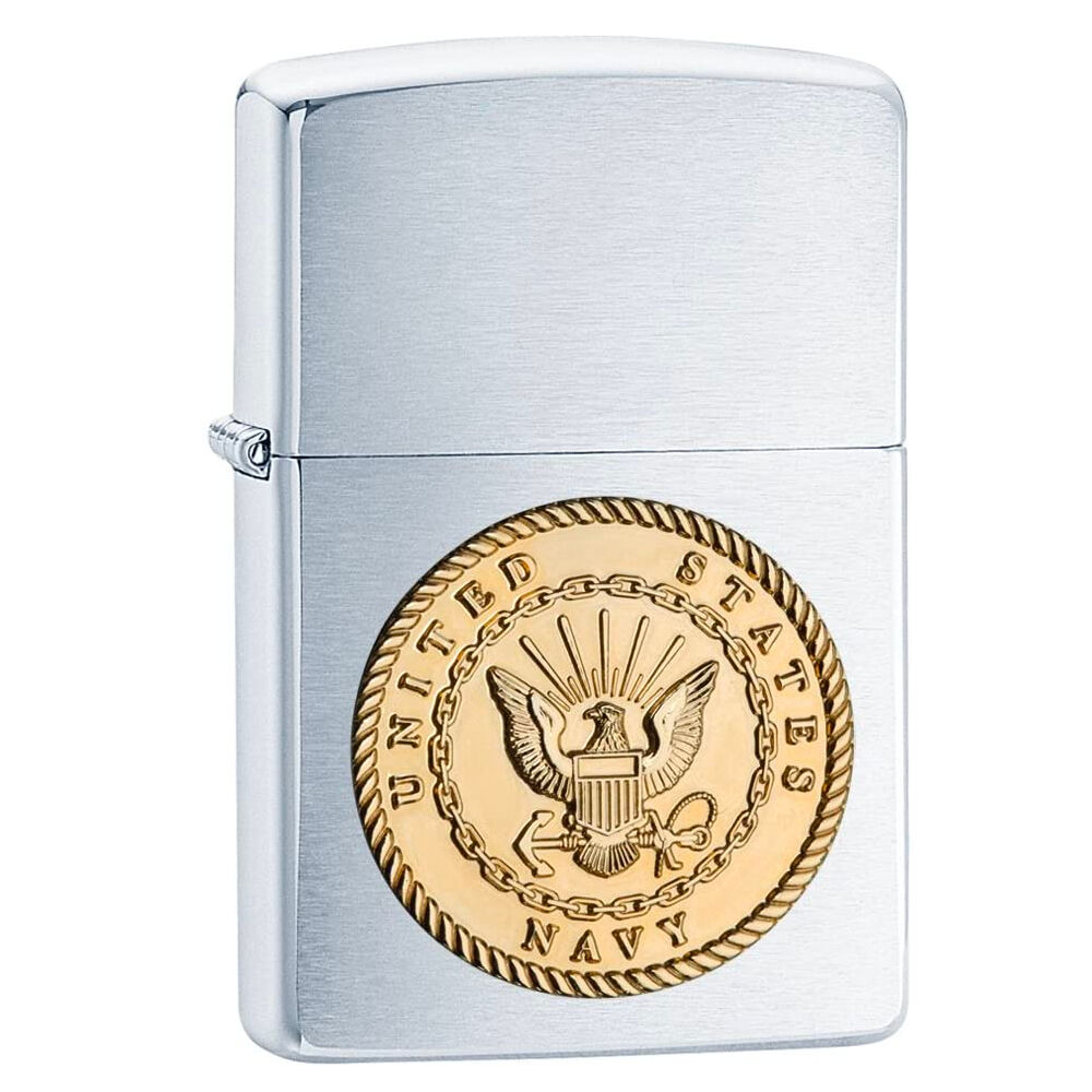 New Zippo Brushed Chrome US Navy Emblem Lighter ZIPPO