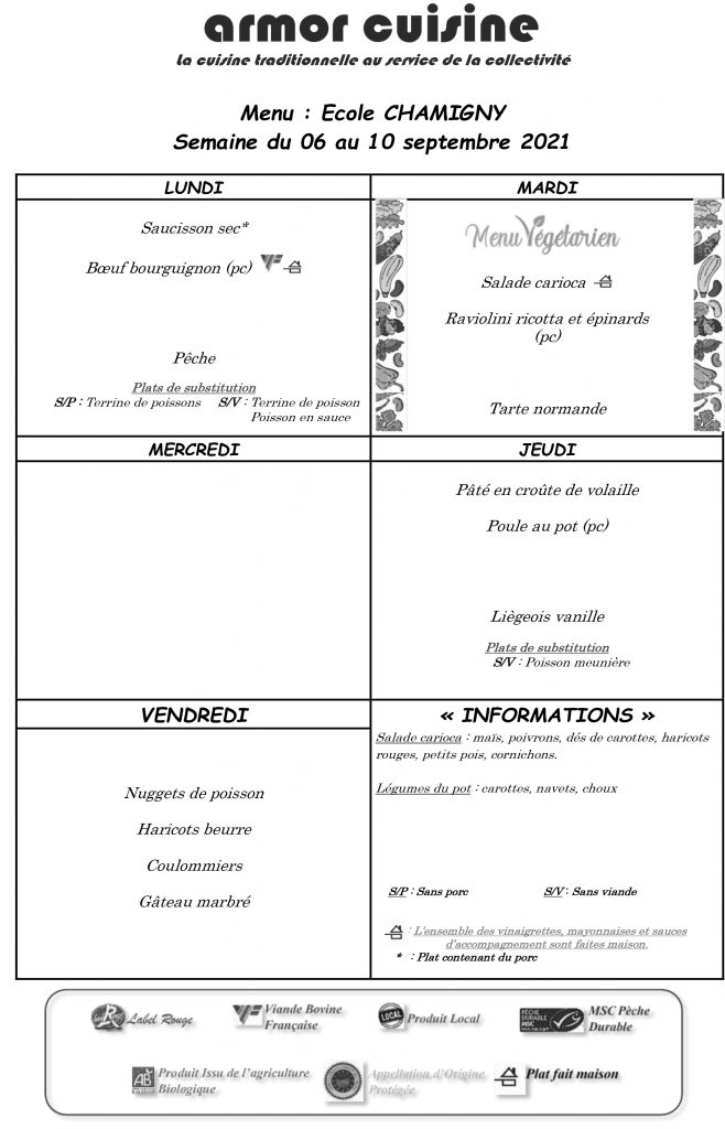 Menus de la cantine du 01/09/21 au 29/10/21 Mairie de Chamigny Mairie de Chamigny