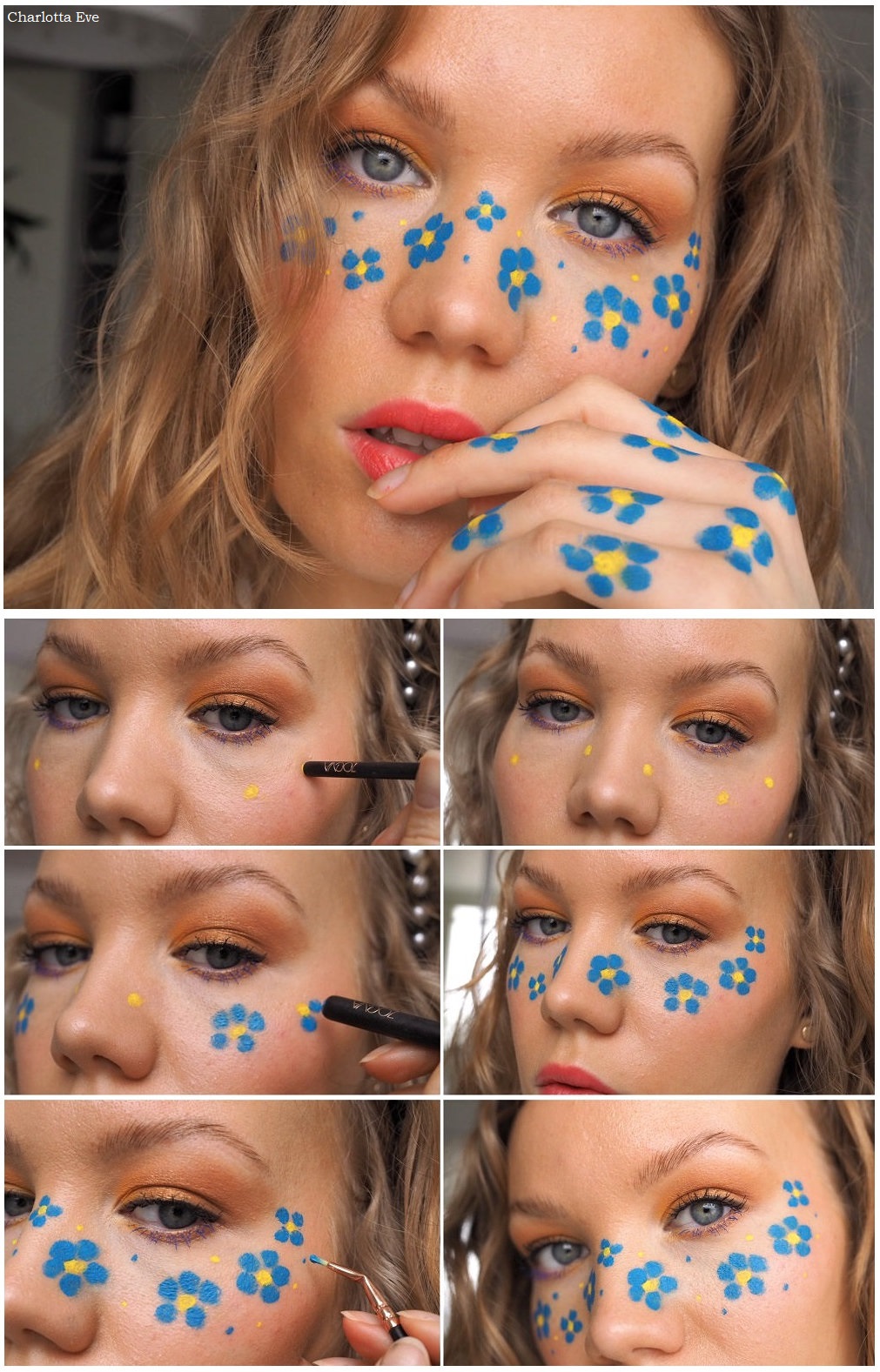 Blue flower freckles makeup tutorial Charlotta Eve