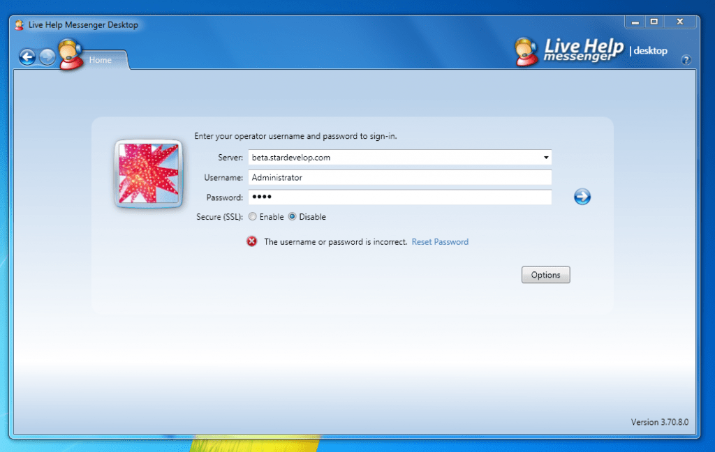 Live Help Invalid Password (Click the Reset Password Option