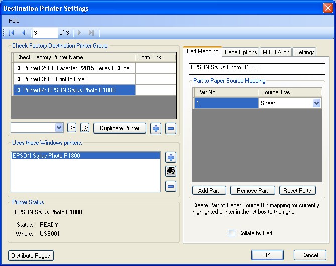Destination Printer Settings
