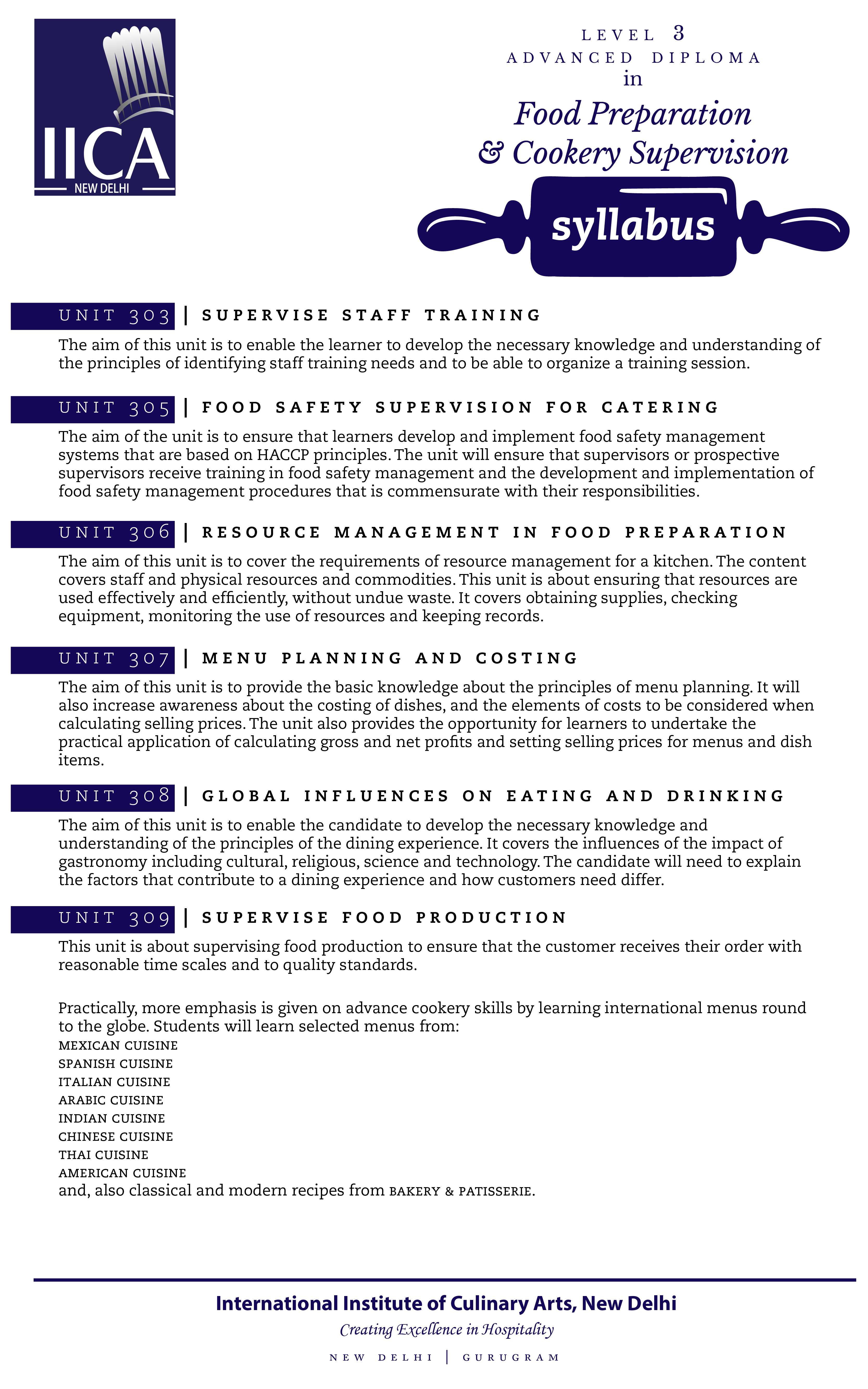 Advanced Diploma Courses in Culinary Arts by IICA, Delhi, India