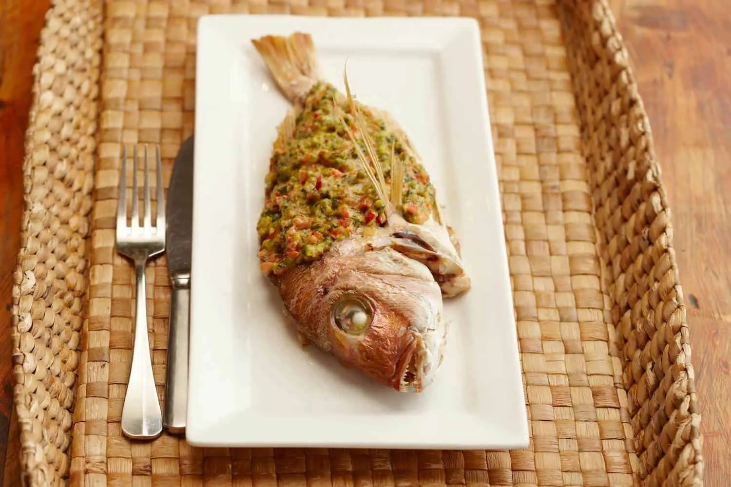 WHOLE BAKED BABY SNAPPER WITH PISTACHIO AND SAMKE HARA SAUCE Chef's