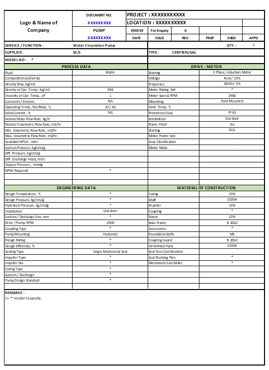 Centrifugal Pump Process Data Sheet ChemEnggHelp