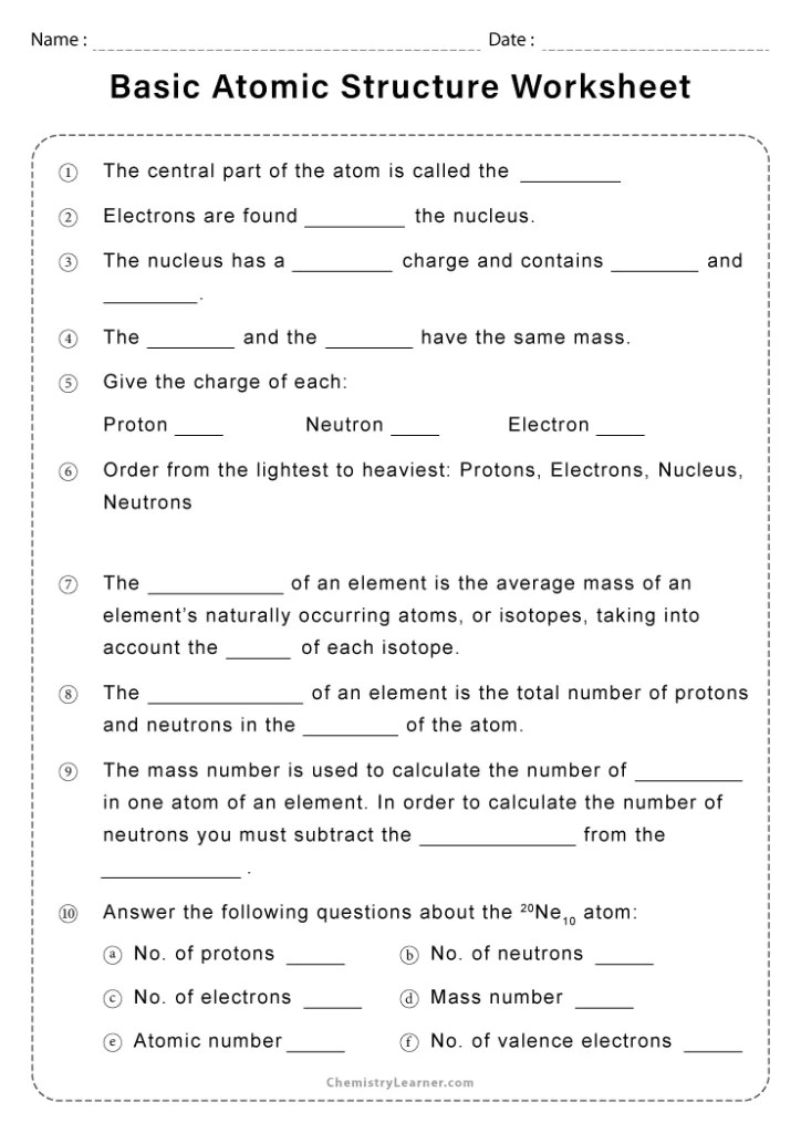 Free Printable Atomic Structure Worksheets