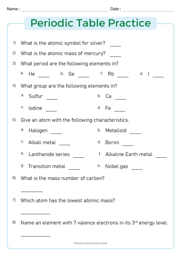 Free Printable Periodic Table Worksheets