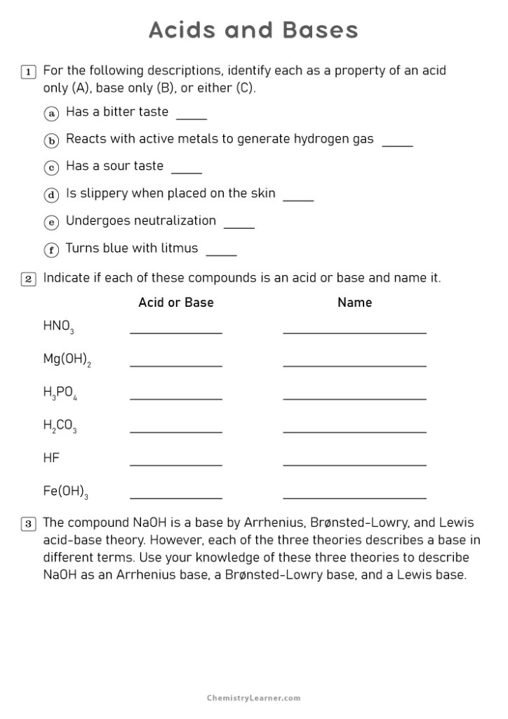 Free Printable Acids and Bases Worksheets