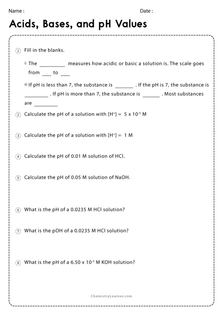Free Printable Acids and Bases Worksheets