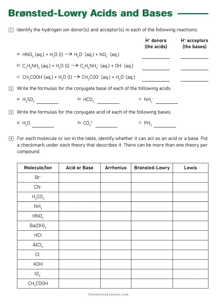 Identifying Acid And Base Worksheets