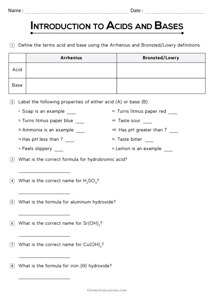 Free Printable Acids and Bases Worksheets