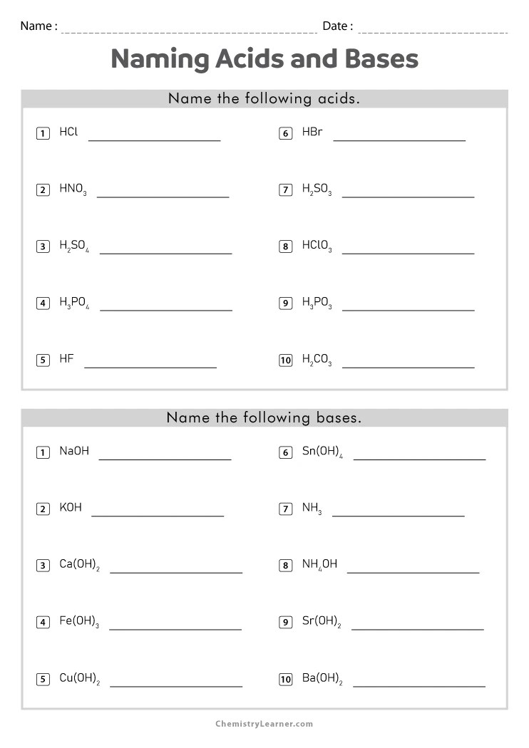 Naming Acids And Bases Worksheet Chemistry 2 Points Answers