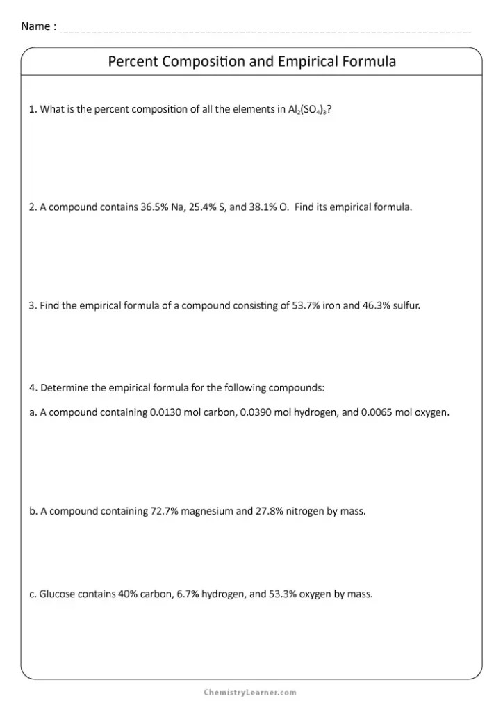 Free Printable Percent Composition and Empirical Formula Worksheets