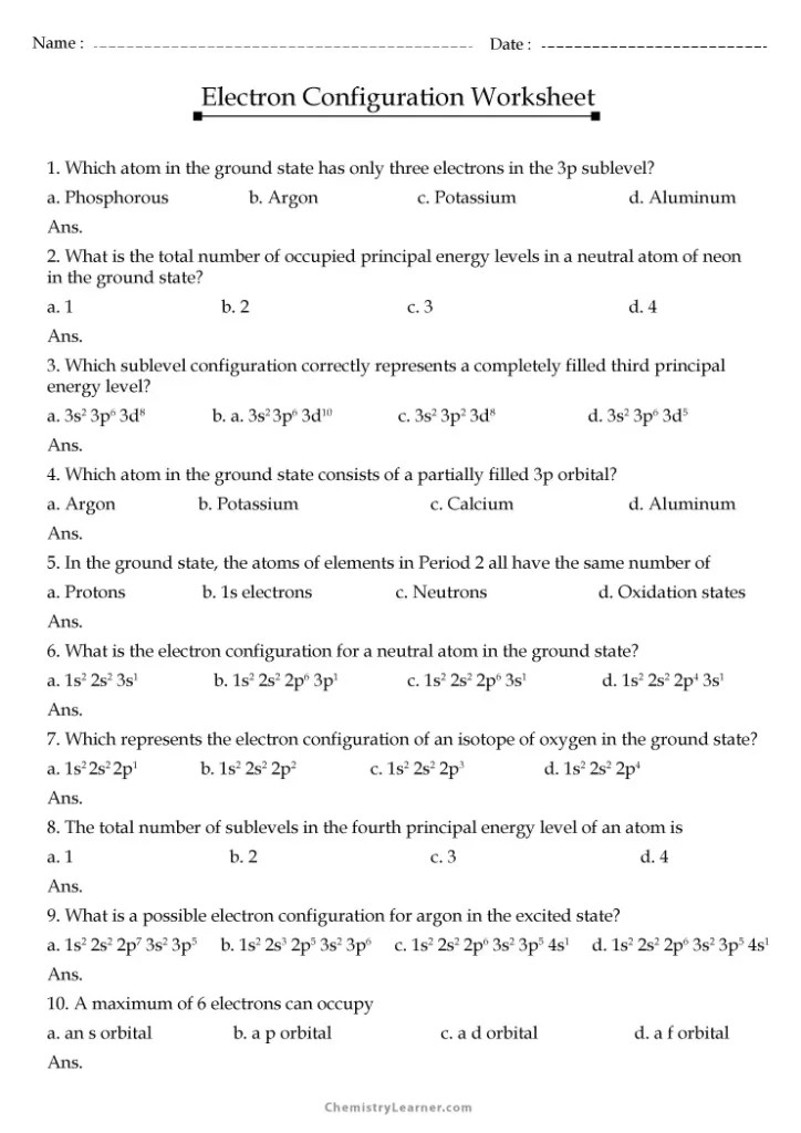 Free Printable Electron Configuration Worksheets