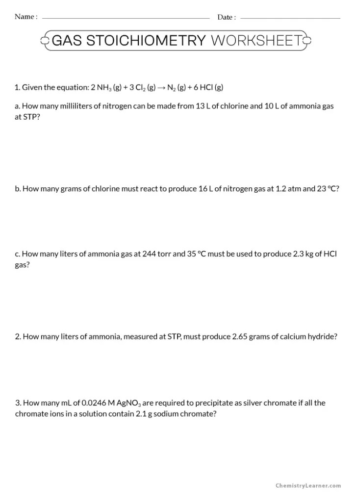 Free Printable Gas Stoichiometry Worksheets