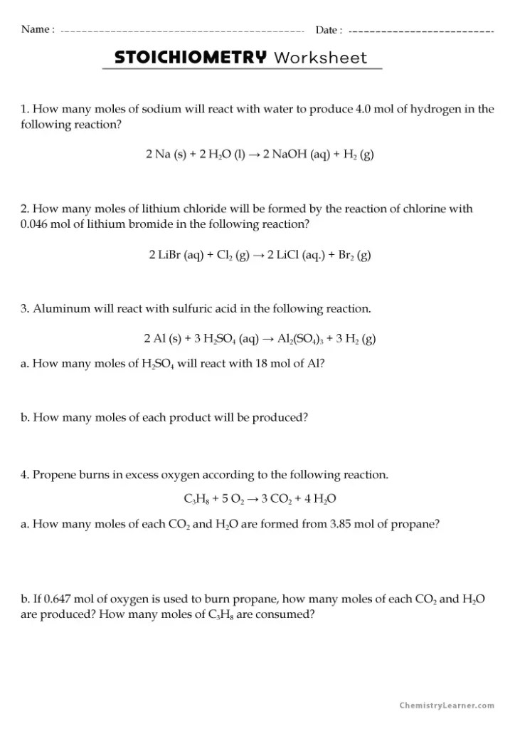Free Printable Stoichiometry Worksheets