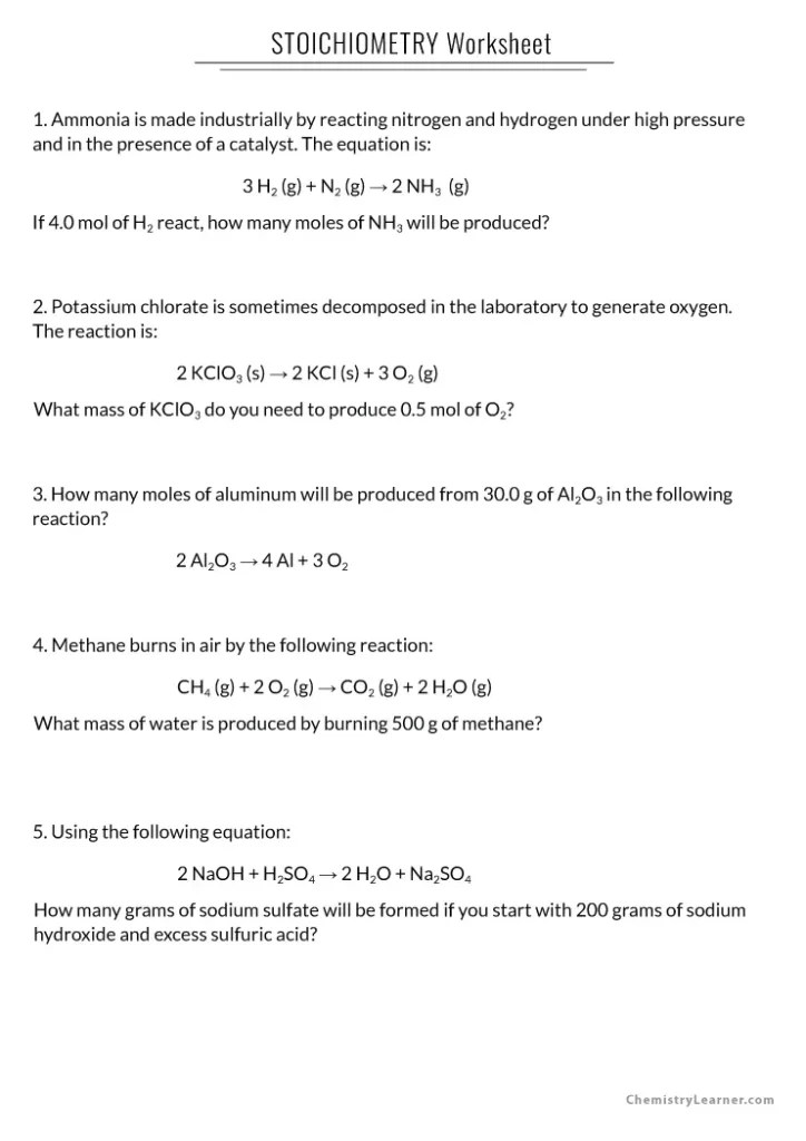 Free Printable Stoichiometry Worksheets