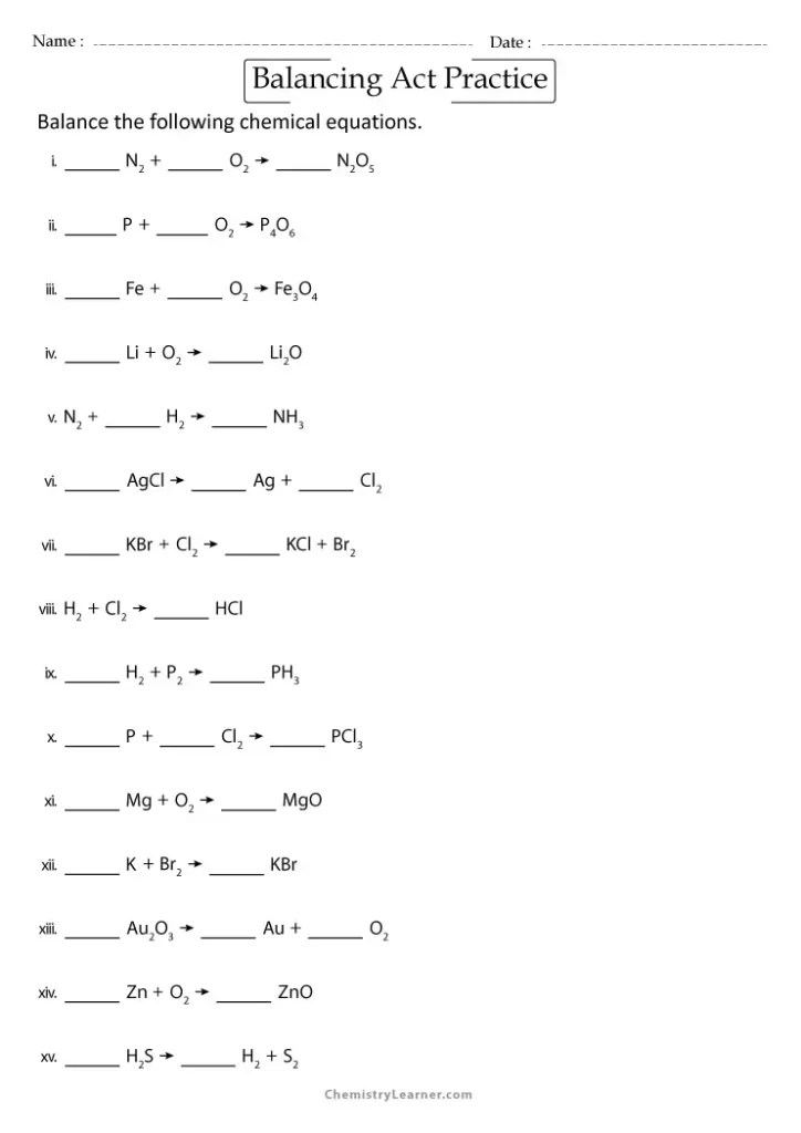 Free Printable Balancing Equations Worksheets