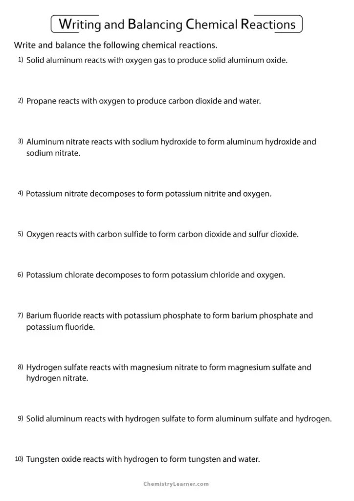 Free Printable Writing and Balancing Chemical Equations Worksheets