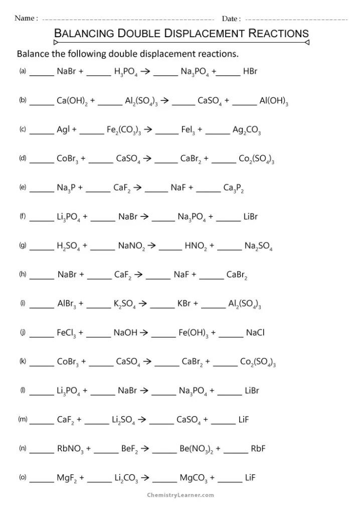 Free Printable Balancing and Classifying Chemical Equations Worksheets