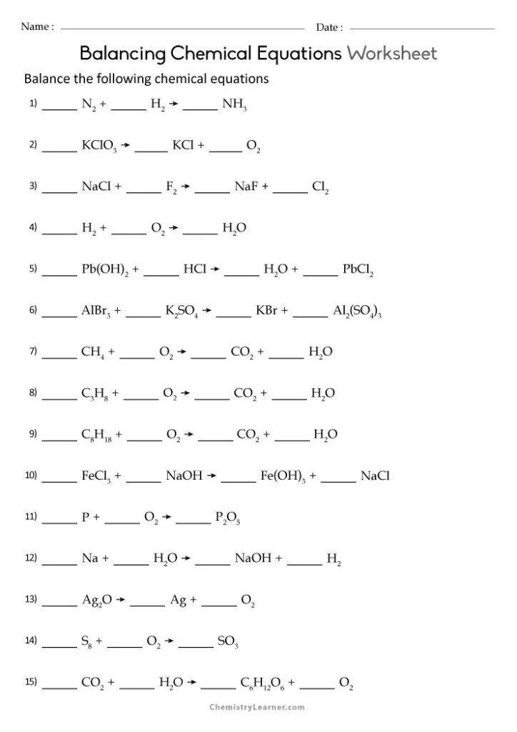 Free Printable Balancing Equations Worksheets
