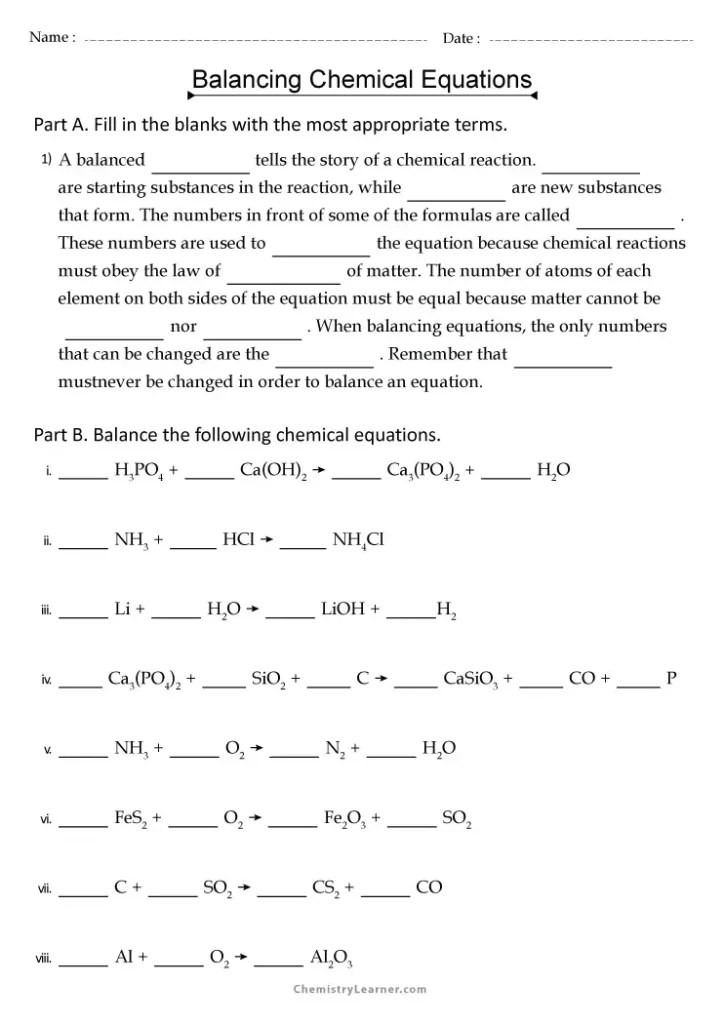 Free Printable Balancing Equations Worksheets