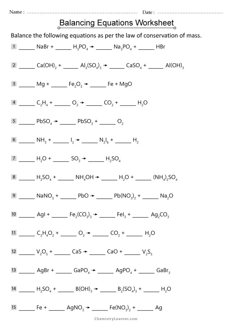 Chemistry Balancing Chemical Equations Worksheet 3 Answer Key