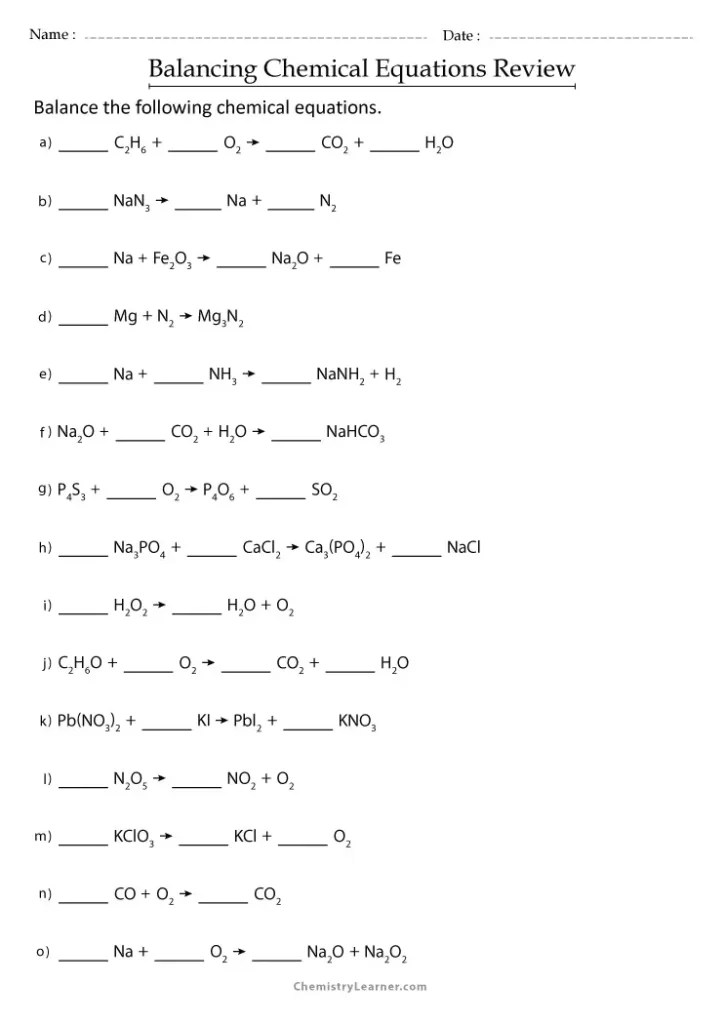 Free Printable Balancing Equations Worksheets
