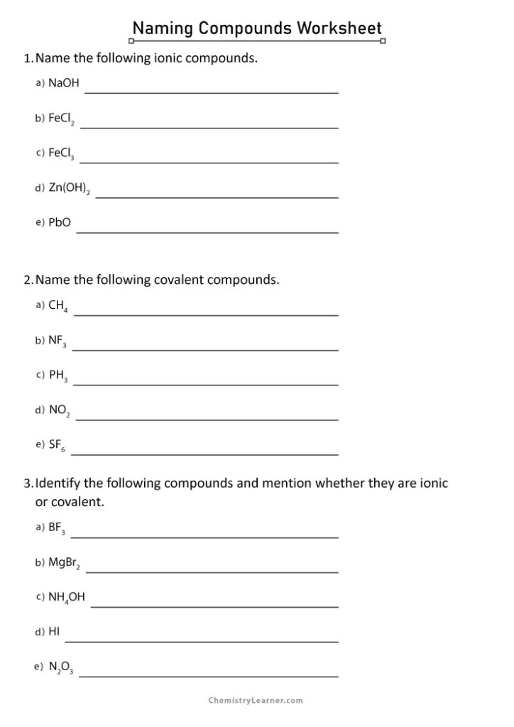 Free Printable Naming Compounds Worksheets
