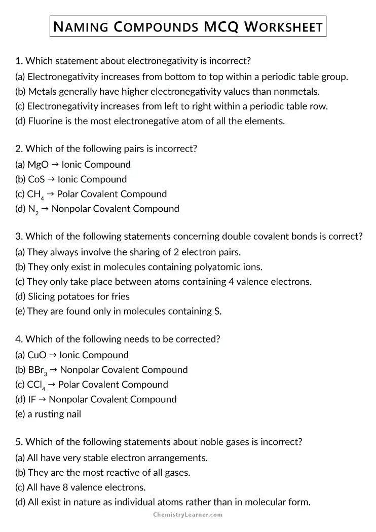 Free Printable Naming Compounds Worksheets