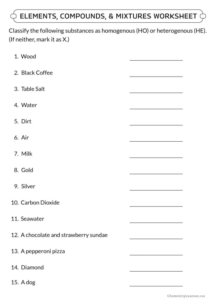 Free Printable Elements Compounds and Mixtures Worksheets