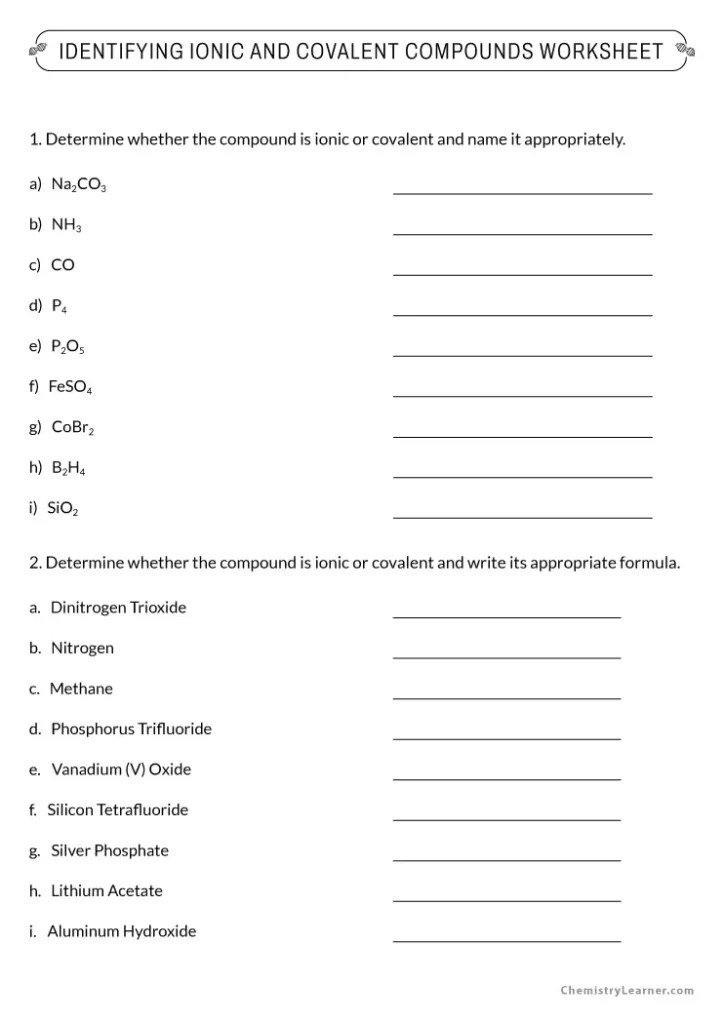 Free Printable Naming Ionic and Covalent Compounds Worksheets