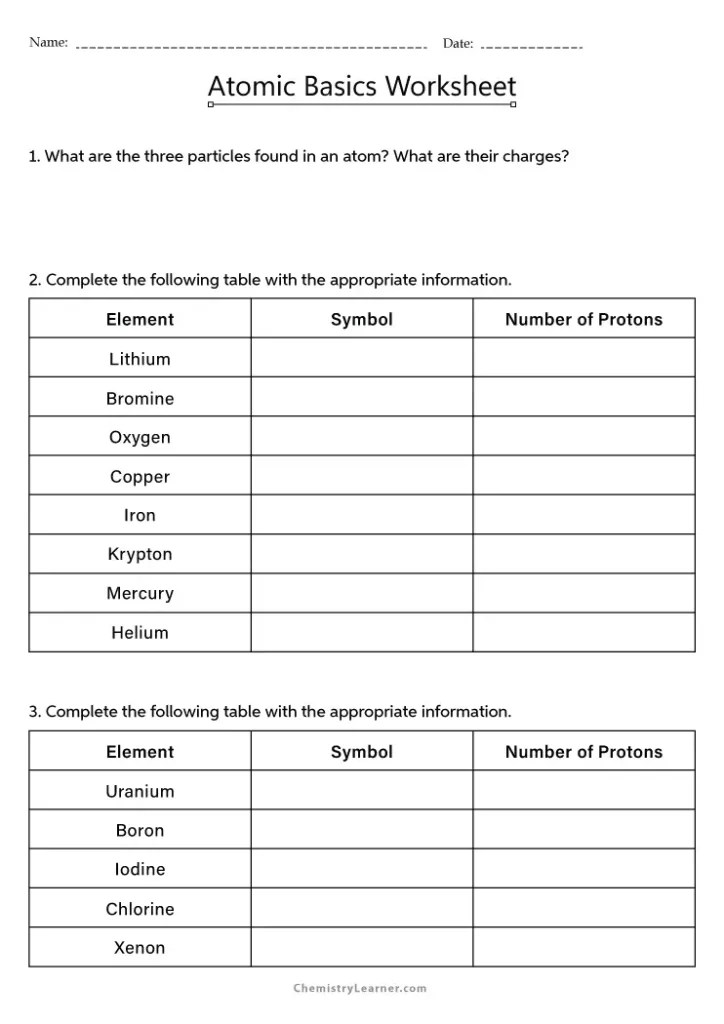 Free Printable Atomic Basics Worksheets