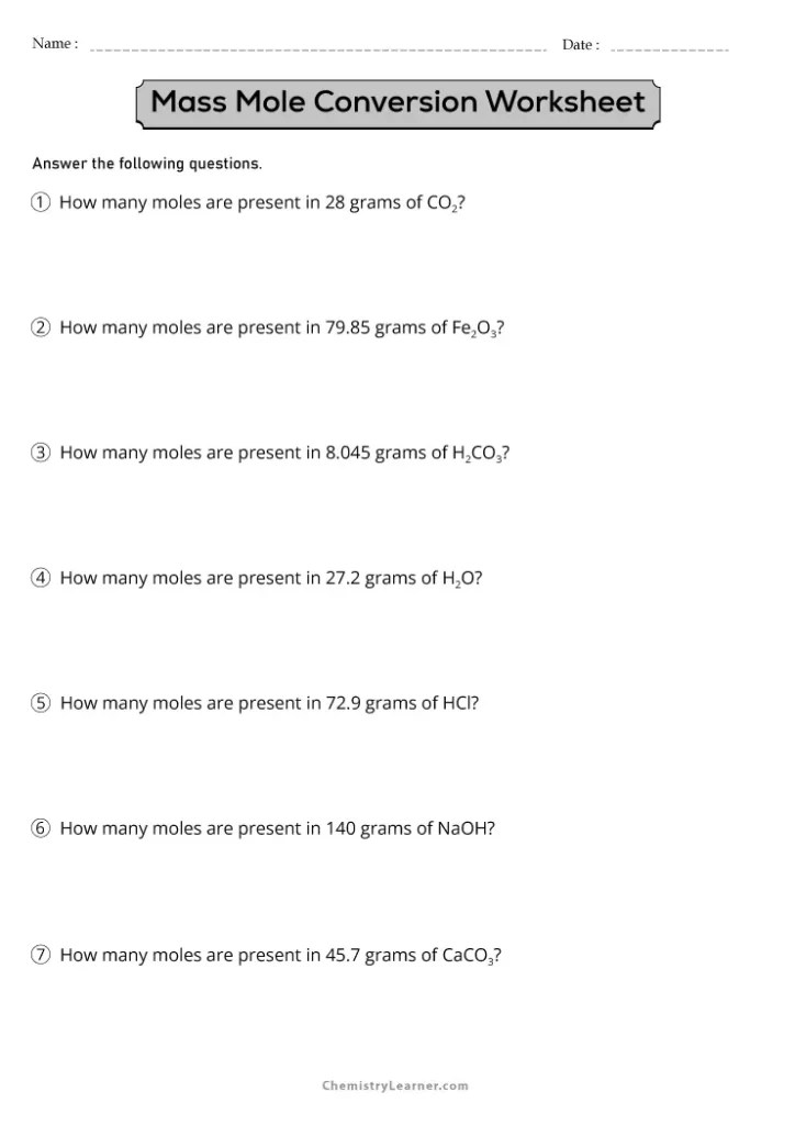 Free Printable Mole Conversion Worksheets